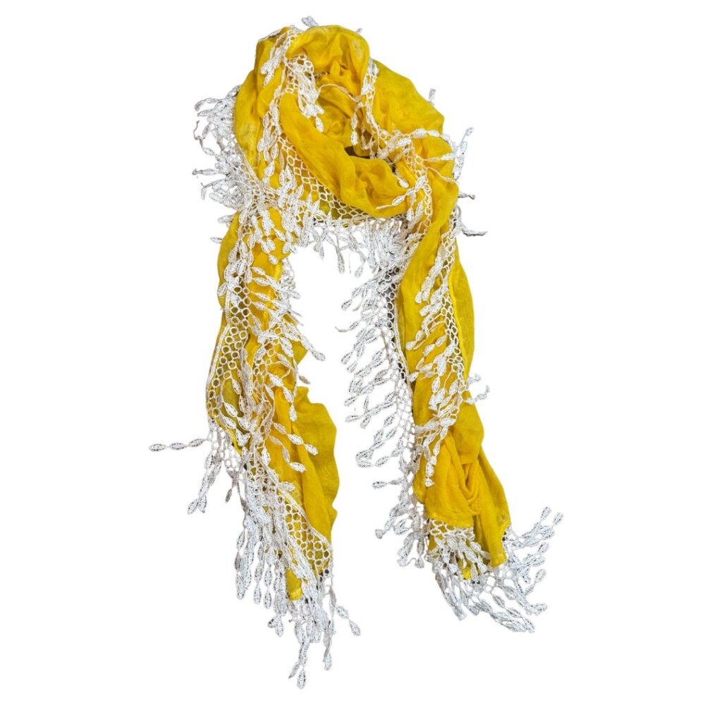Mustard Yellow Scarf with White Crochet Fringe – Boho Chic Accessory